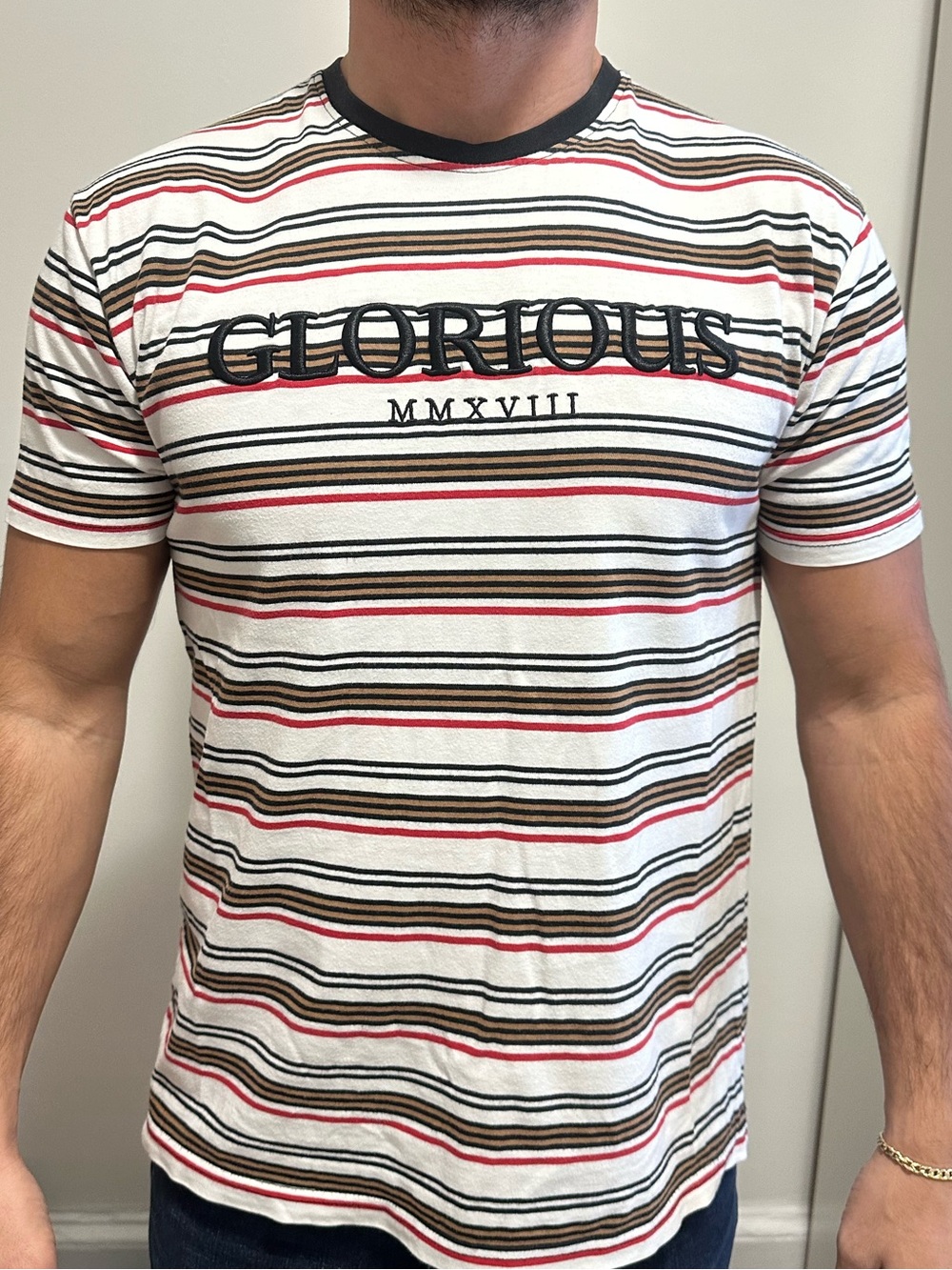 Glorious Gangsta Striped Crew Neck T-Shirt - White/Black/Red, cotton, size M